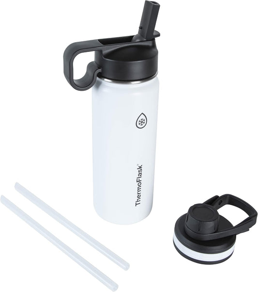 18 Oz Double Wall Vacuum Insulated Stainless Steel Water Bottle - Reusable with Leakproof Chug & Straw Lids - Keeps Drinks Cold 24 Hr/Hot 12 Hr - Easy Maintenance - Gym/On-The-Go, White