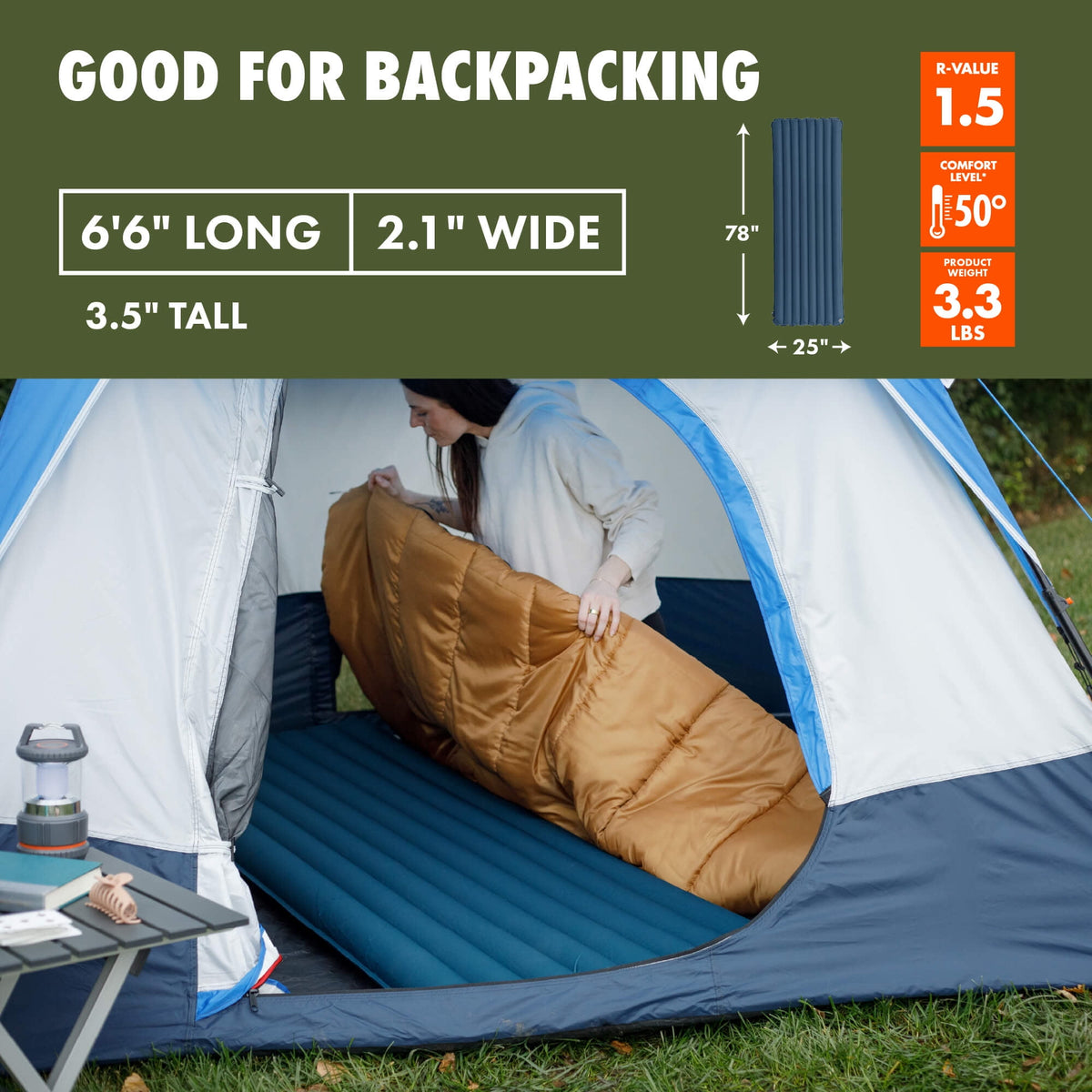 Adult Inflatable Camp Sleeping Pad, Blue, 78 in X 25 in X 3.5 In