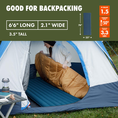 Adult Inflatable Camp Sleeping Pad, Blue, 78 in X 25 in X 3.5 In