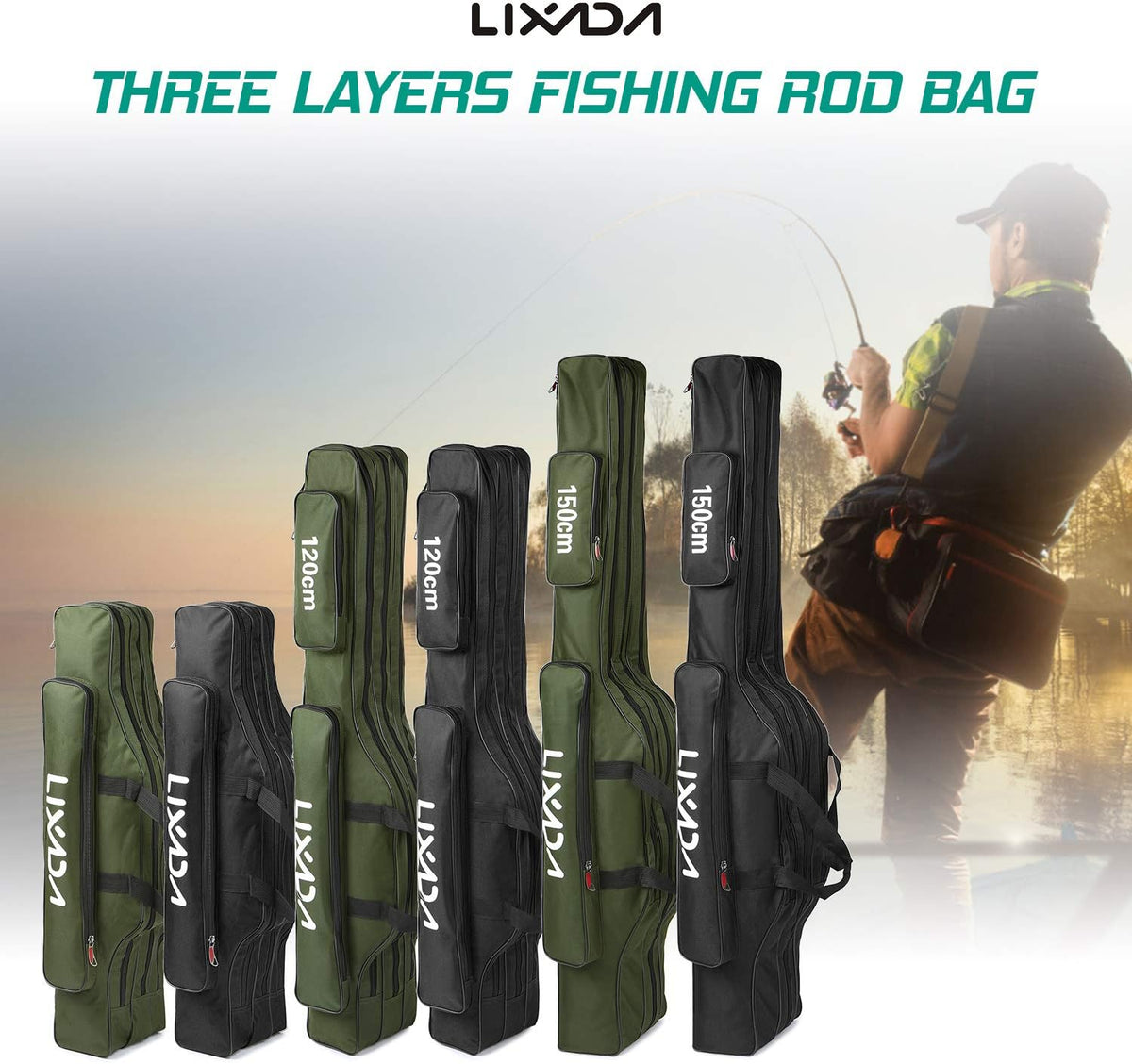 Fishing Rod Case - 3 Layers Oxford Bag, Portable Folding Carrier for Rods and Reels, Tackle Storage Travel Bag, 90Cm/120Cm/150Cm Optional