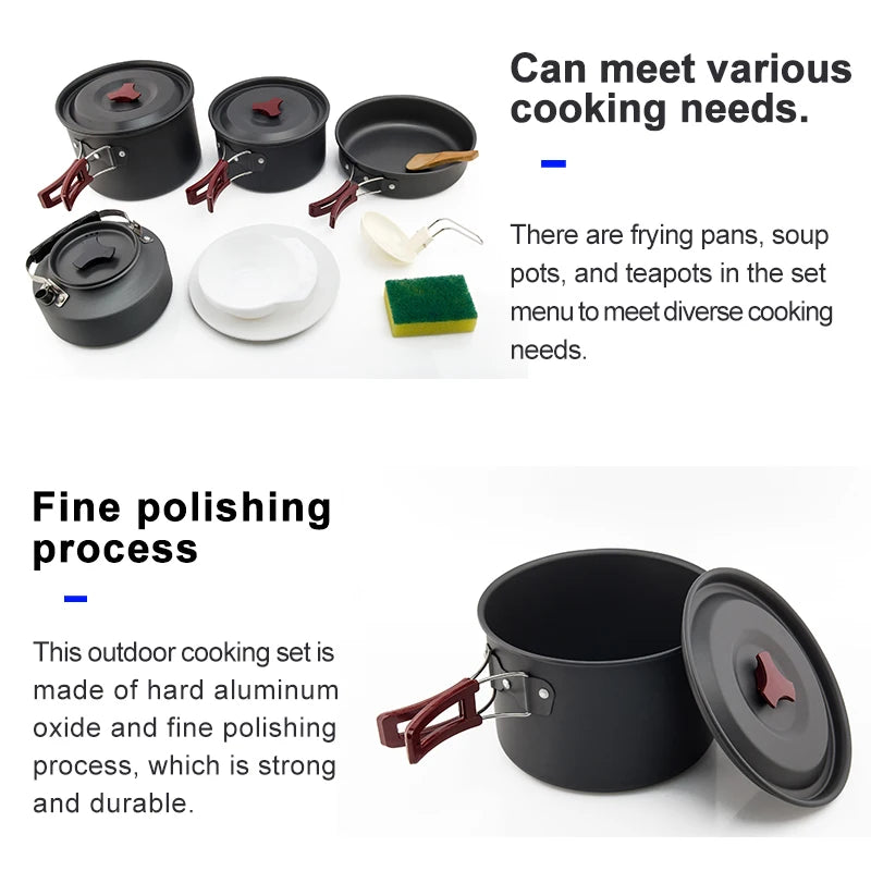 Camping Cookware Set Outdoor Pot Tableware Kit Cooking Water Kettle Pan Travel Cutlery Utensils Hiking Picnic Equipment
